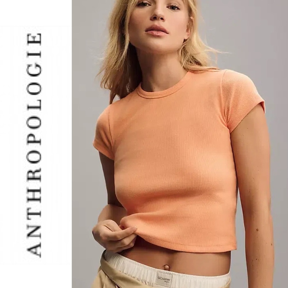 Anthropologie Maeve The Blair Baby Tee Tan Cropped Edition Y2K Style Size Large